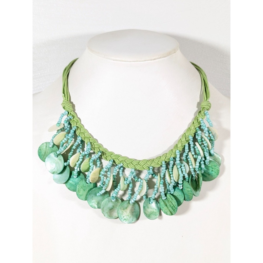 Beachy Boho Coastal Green Shell‎ Disc Charm Statement Necklace 18"